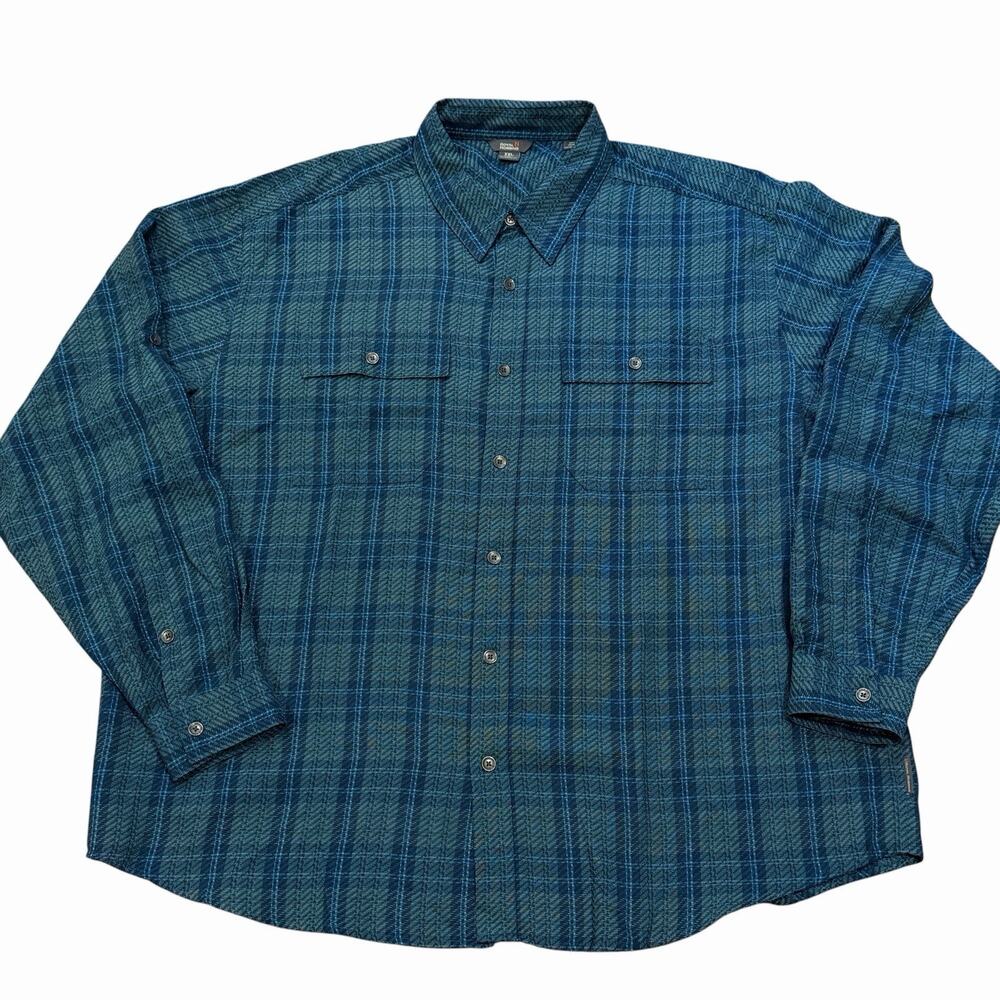 Royal Robbins Teal Blue Plaid Modal Blend Roll Tab Utility Shirt Men's XXL NWOT